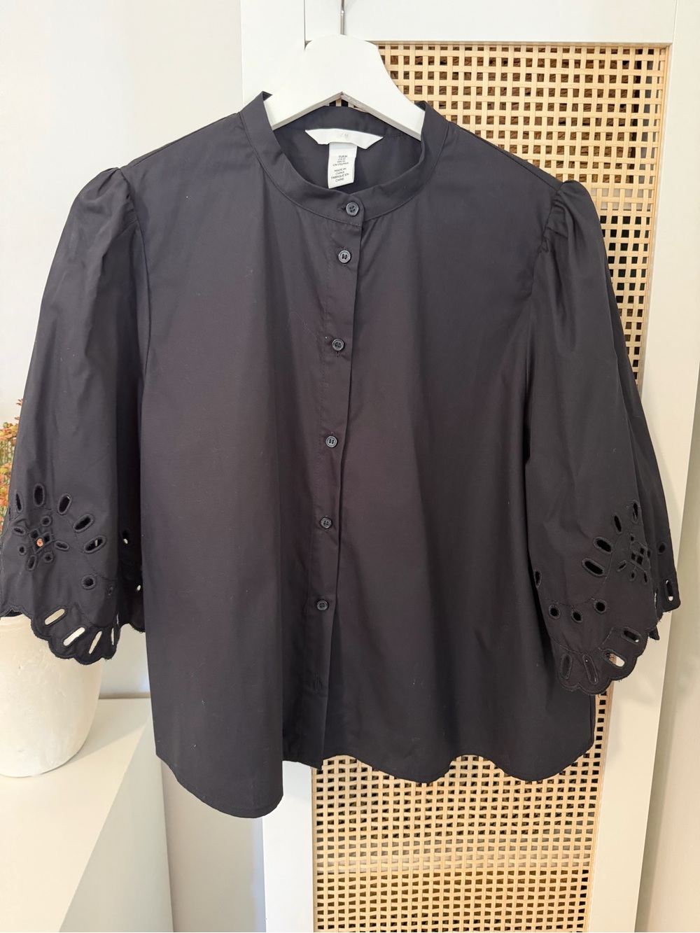 H&M Black Button-Front Top with Eyelet Scalloped Sleeves